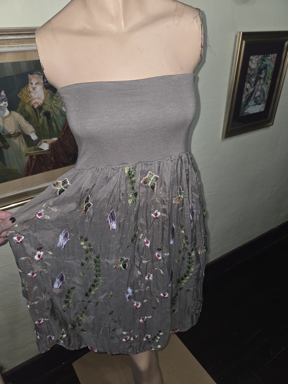Strapless Gray Embroidered Floral Sundress